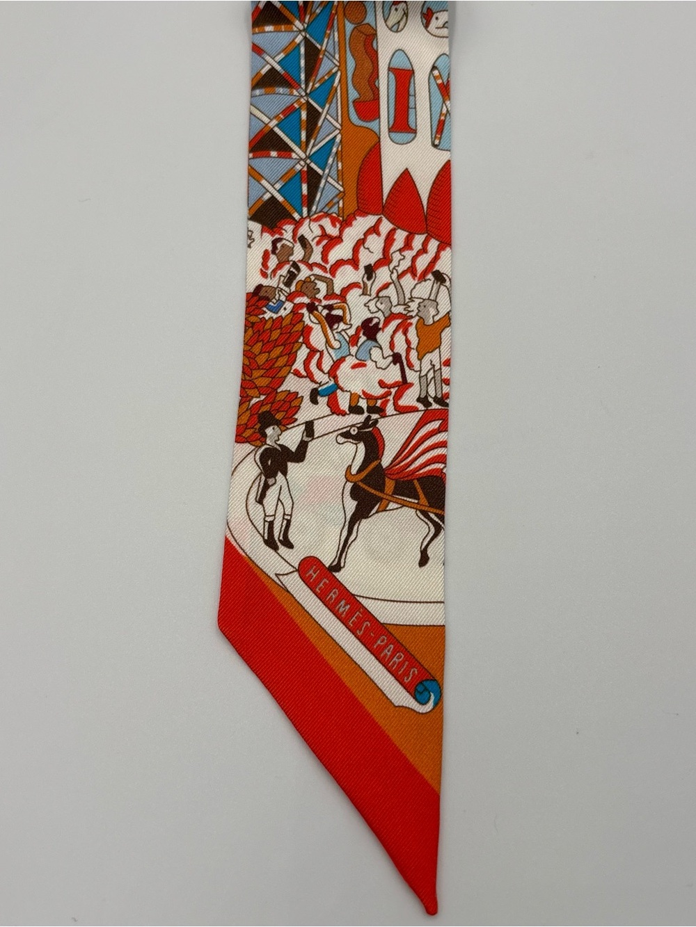 Hermes Splash Park Twilly Scarf Orange White Blue Multicolor Skinny Ribbon Wrap - Picture 4 of 6